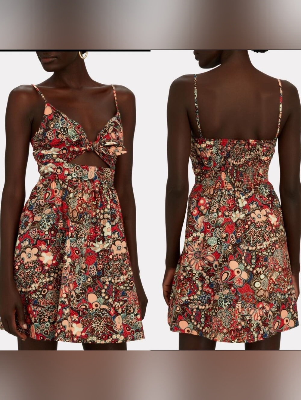 💘 A.L.C. Dani Floral Cotton Mini Dress in Sangria Multi Tie Front Cutout - Picture 2 of 14